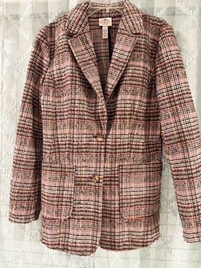 St. John's Bay Pink and Brown Plaid Tweed Blazer